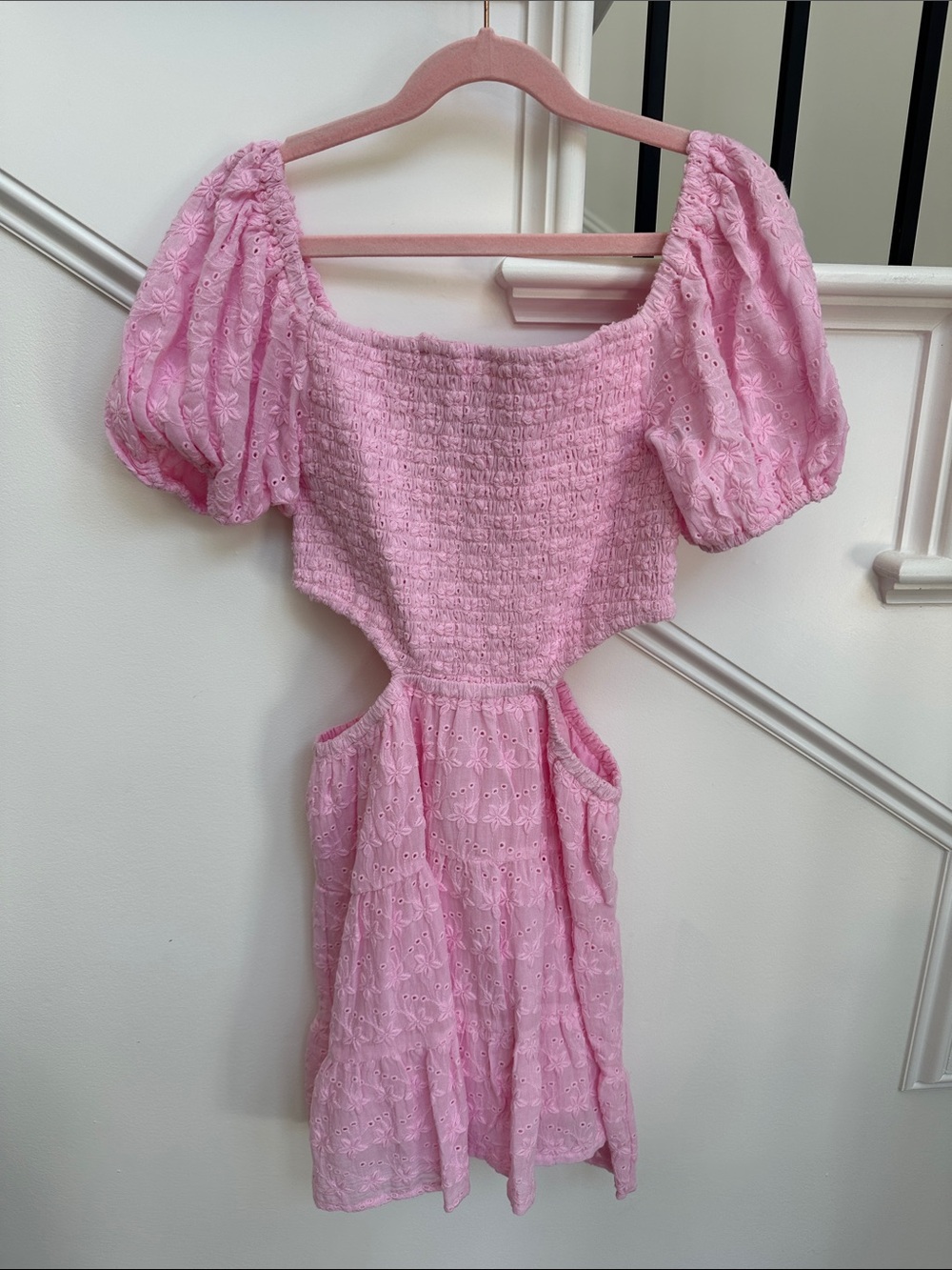 Katie J NYC Light Pink Eyelet Cutout Puff-Sleeve Dress